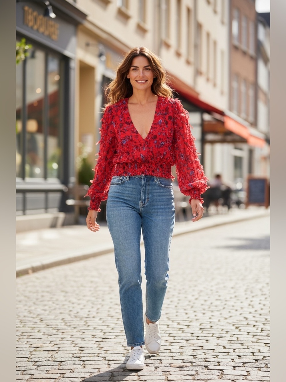 Zara Vibrant Red and Blue Textured Blouse